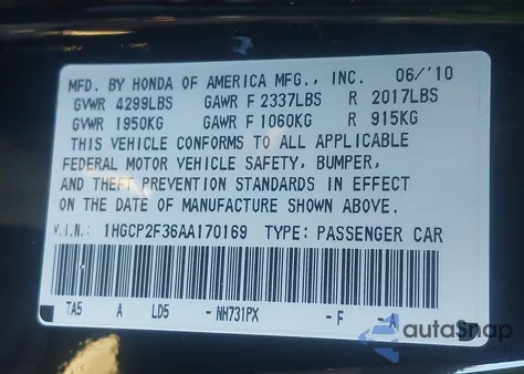 2010 Honda Accord 2.4 Lx from USA, damaged, VIN 1HGCP2F36AA170169